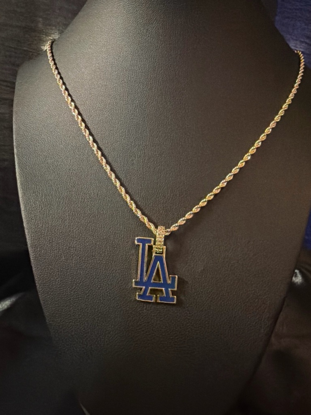 Gold plated Rope Necklace with Blue LA Letter Pendant
